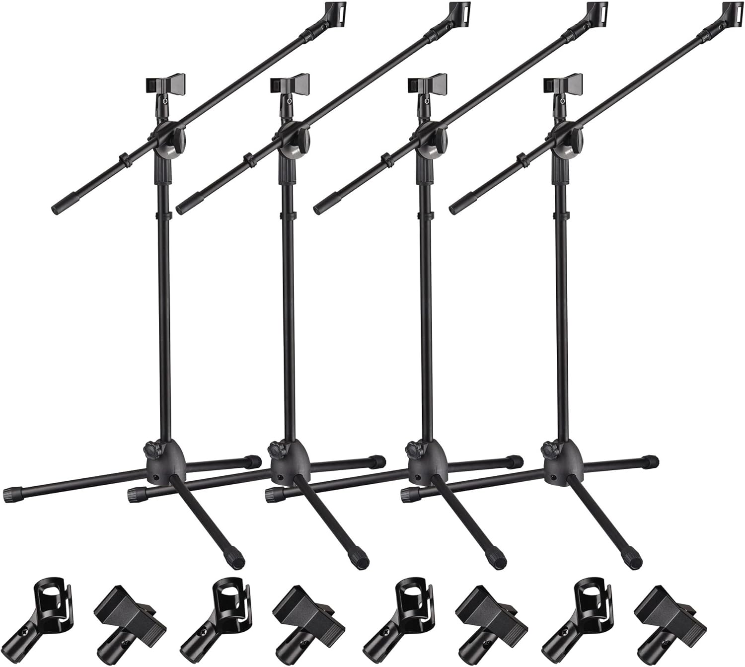 AW 4pcs Boom Mic Stand Floor Adjustable Height Mic Tripod Stand Dual Mic Clip Holder Folding Microphone Holder for Singing Live Stream Stage Studio