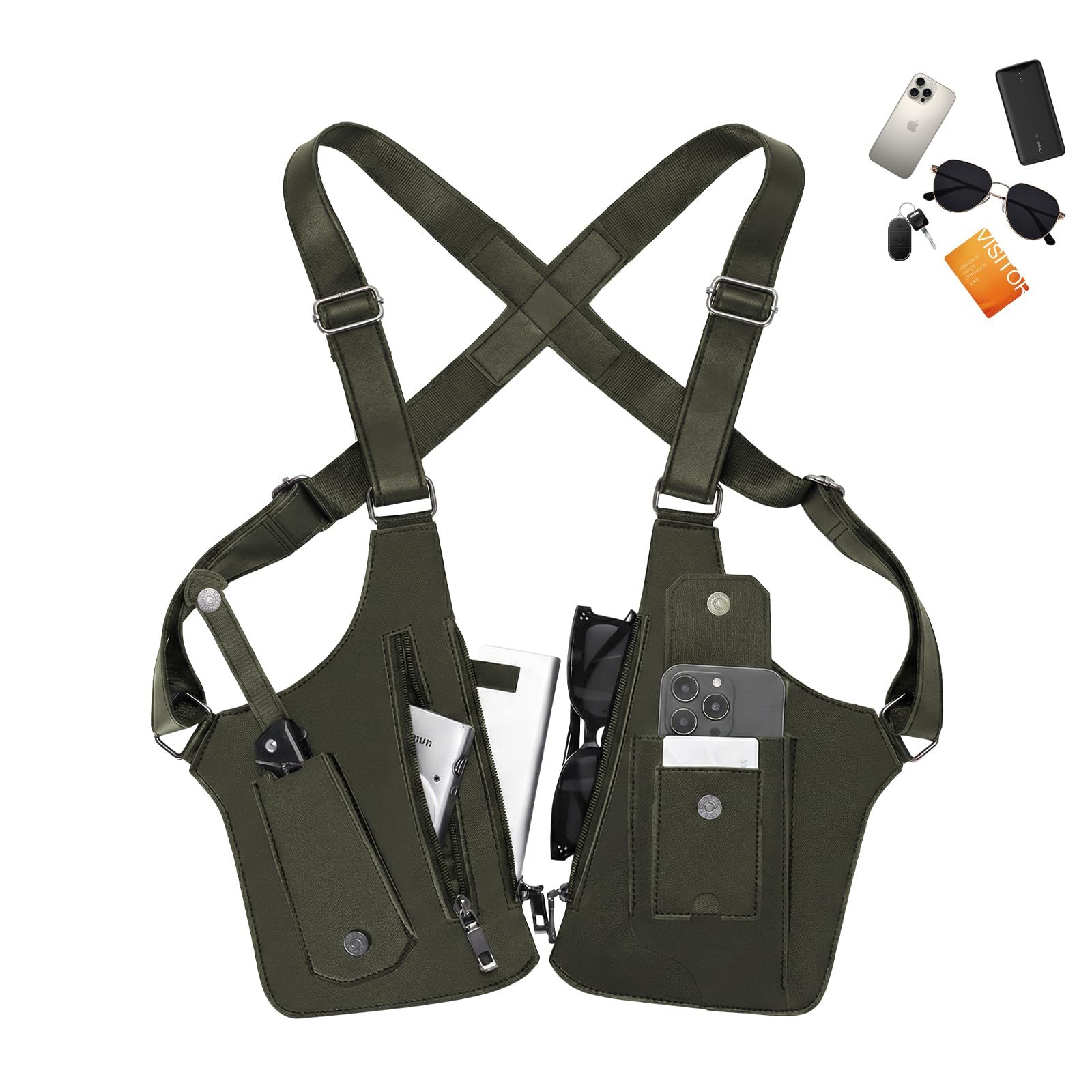 Double Shoulder Armpit Bag,Anti-Theft Underarm Shoulder Holster for Men with Adjustable Strap Phone Leisure Pouch, Dark Green, Leather Shoulder Bag