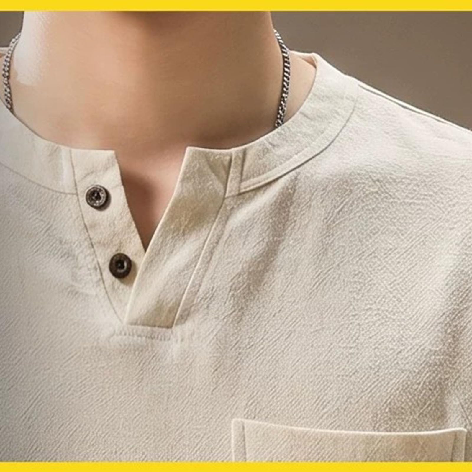 Męska bawełniano-lniania koszulka T-shirt z krótkim rękawem, koszula Henley, luźna koszulka