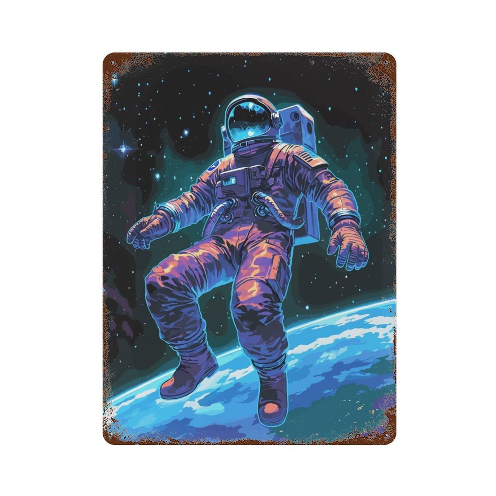 Astronaut in Universe Rust Effect Tin Sign 15.7"x11.8", Novelty Wall Decor for Garage, Pub Or Kitchen