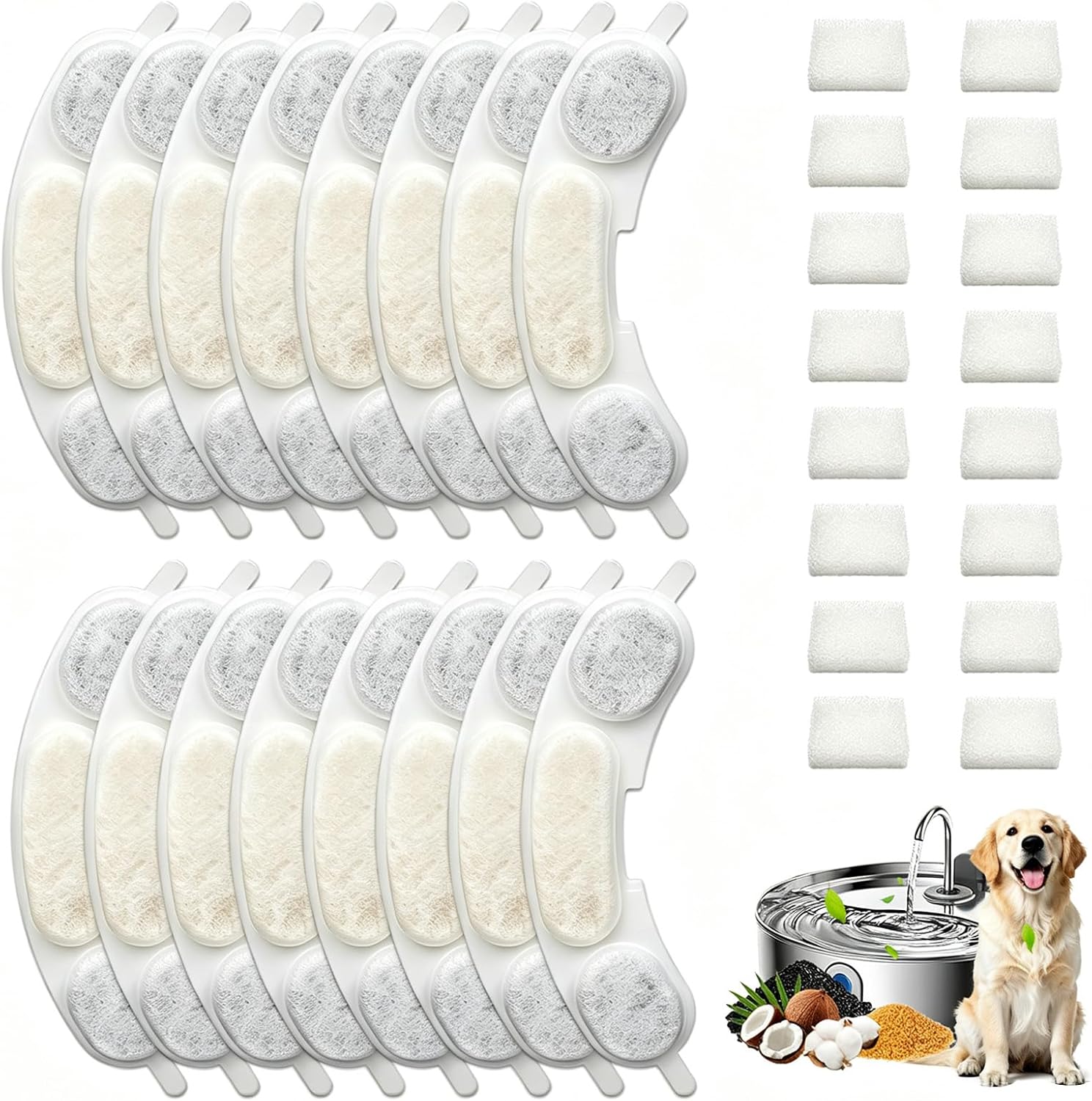 16 Sets Pet Dog Replacement Filters Compatible with Smartoo 7l/236oz/1.8G Dog Water Fountain, Water Fountain Filters for Stainless Steel Dog Water Fountain
