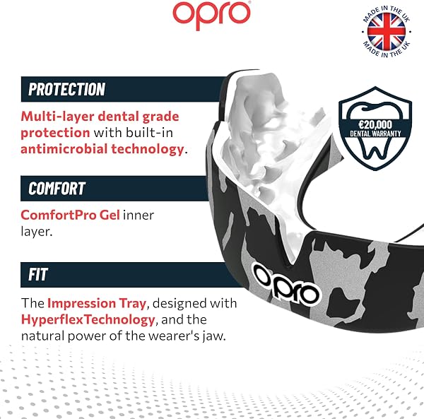 OPRO マウスガード「インスタントカスタムフィット」|スポーツ用マウスピース|格闘技マウスピース|MMA・ラグビー・空手/柔術/テコンドー/ボクシング対応|歯科ラボ開発フィット|イギリス製 正規品公式ストア| 「カモ柄デザイン」 (大人用, 黒・白&銀) - 3