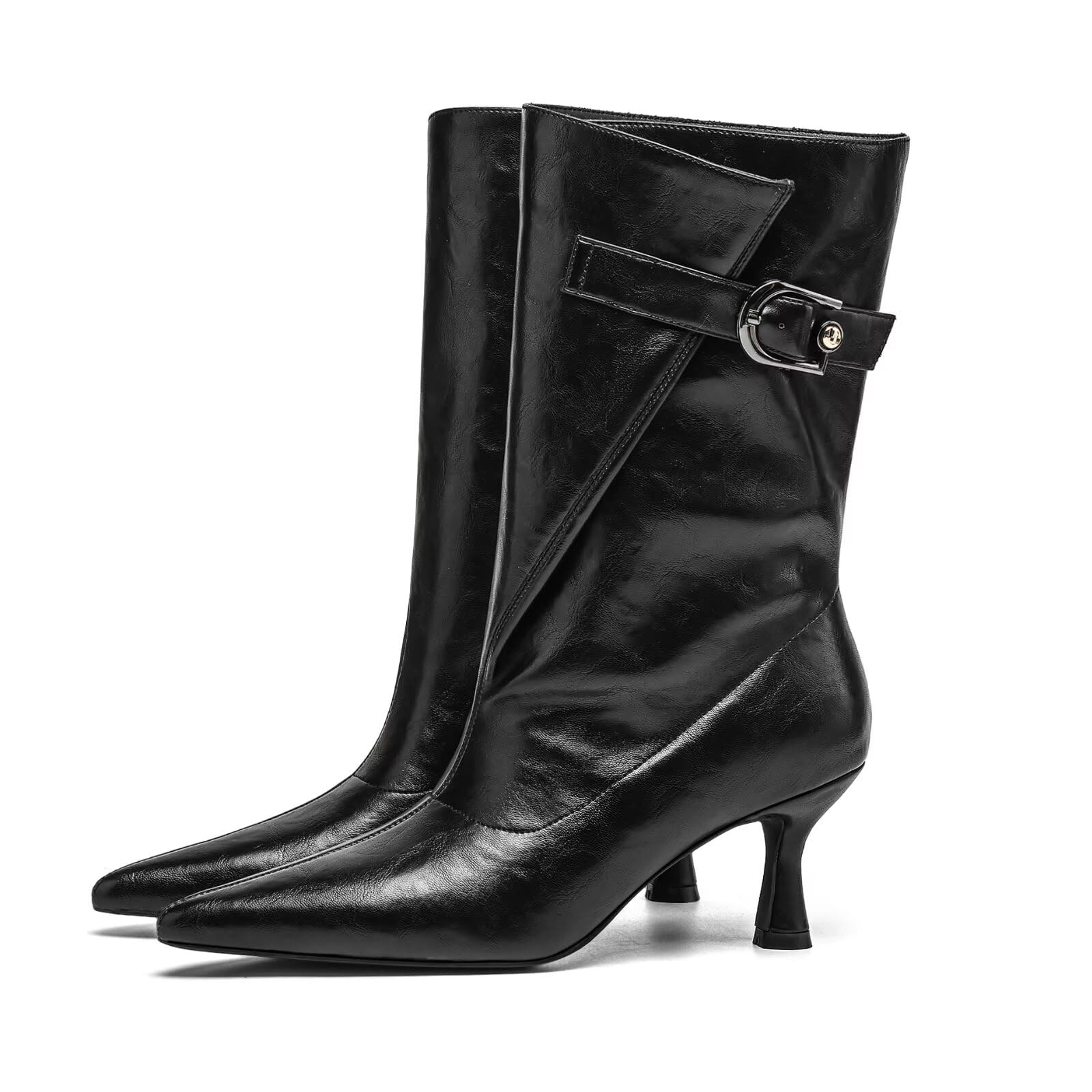 Mid Calf Boots for Women with Kitten Heel - Pointed Toe Wide Calf Slip On Boots Metal Buckle