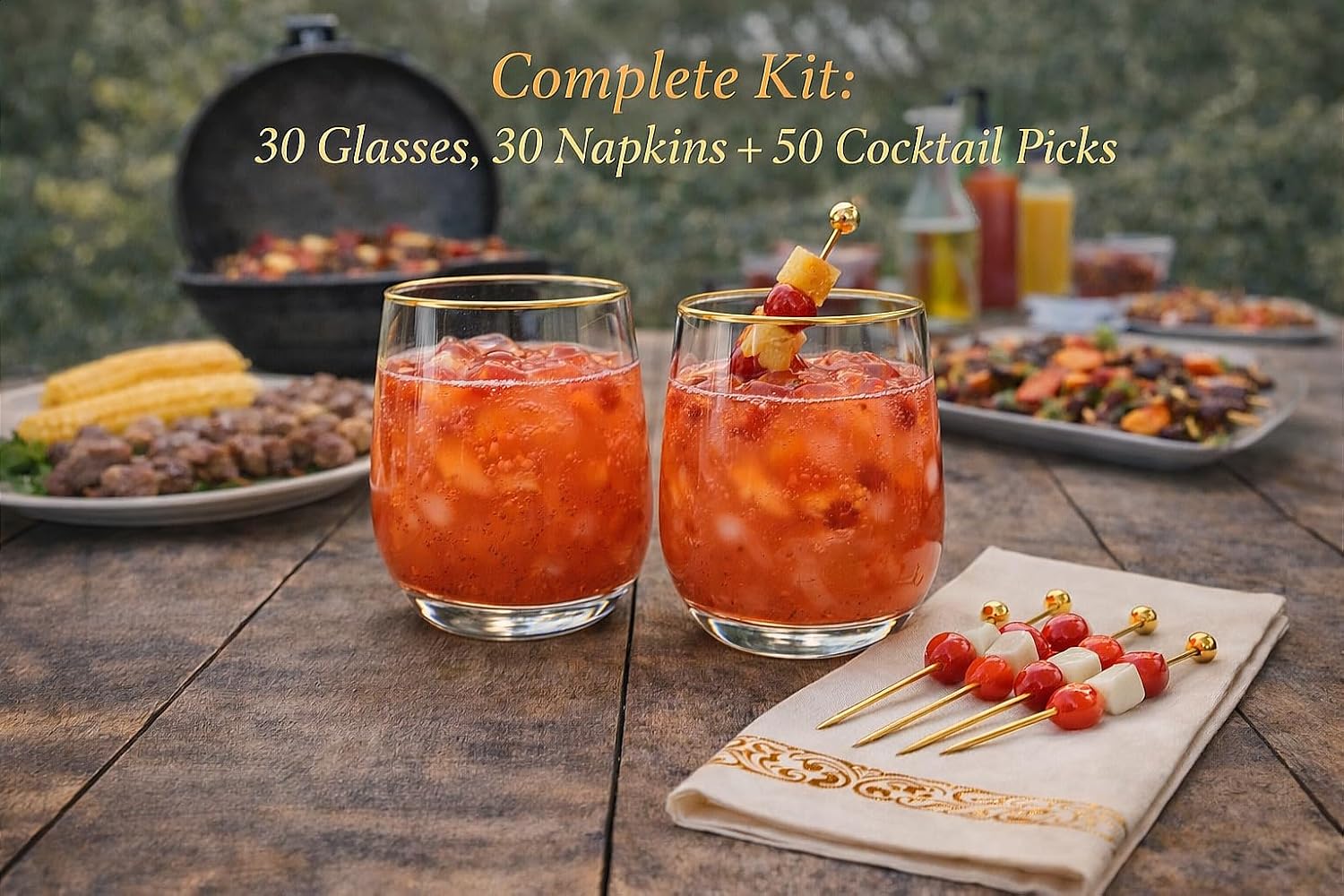 Plastic Wine Glasses Stemless Disposable 12 oz with Gold Rim - 30 Guests Party Drinkware Set, 30 Plastic Cups, 30 Napkins & 50 Cocktail Picks - BPA-Free, Shatterproof, Reusable, Recyclable