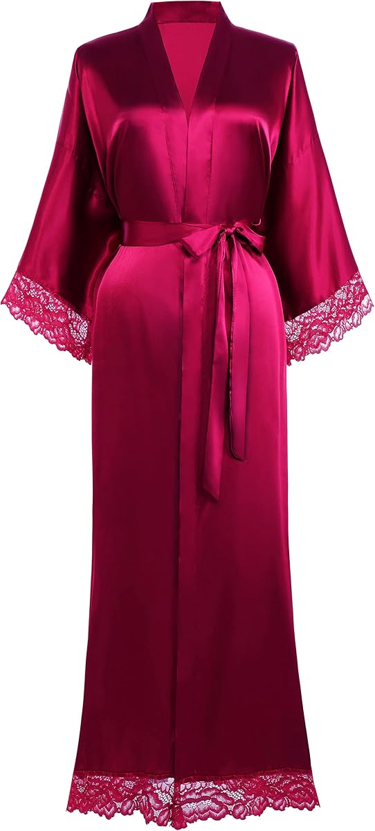 Albornoces de Kimono de satén BABEYOND para mujer con adorno de encaje para dama de honor | Tela sedosa, hasta el tobillo, cierre de faja, bolsillos laterales y corbatas interiores, talla regular y extra, bata de fiesta nupcial