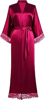 BABEYONDSatin Kimono Robe Silky Long Bridesmaid Wedding Lightweight Bath Robe with Lace Trim