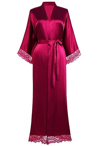 BABEYOND Satin Kimono Robe Silky Long Bridesmaid Wedding Lightweight Bath Robe with Lace Trim