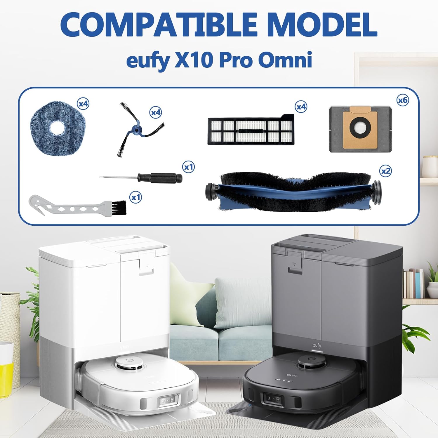 22 Pack Replacement Parts for eufy X10 Pro Omni Care Robot Vacuum Cleaner, Accessories Kit Includes 2 Mainbrush 4 Filter 6 Dust Bag 4 Mop Pads 4 Sidebrush 1 Cleaning Brush 1 Screwdriver