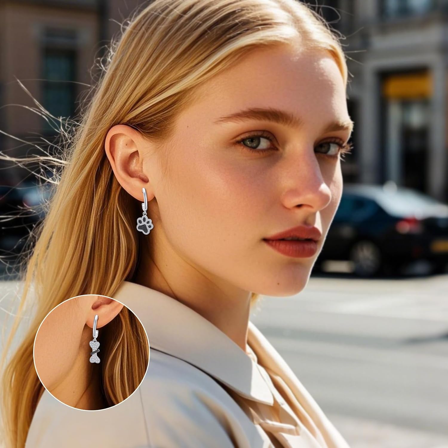 Paw Print Dangle Earrings Sterling Silver Puppy Cat Black Dog Paw Earrings paw Print Bone Jewelry Gifts for Women