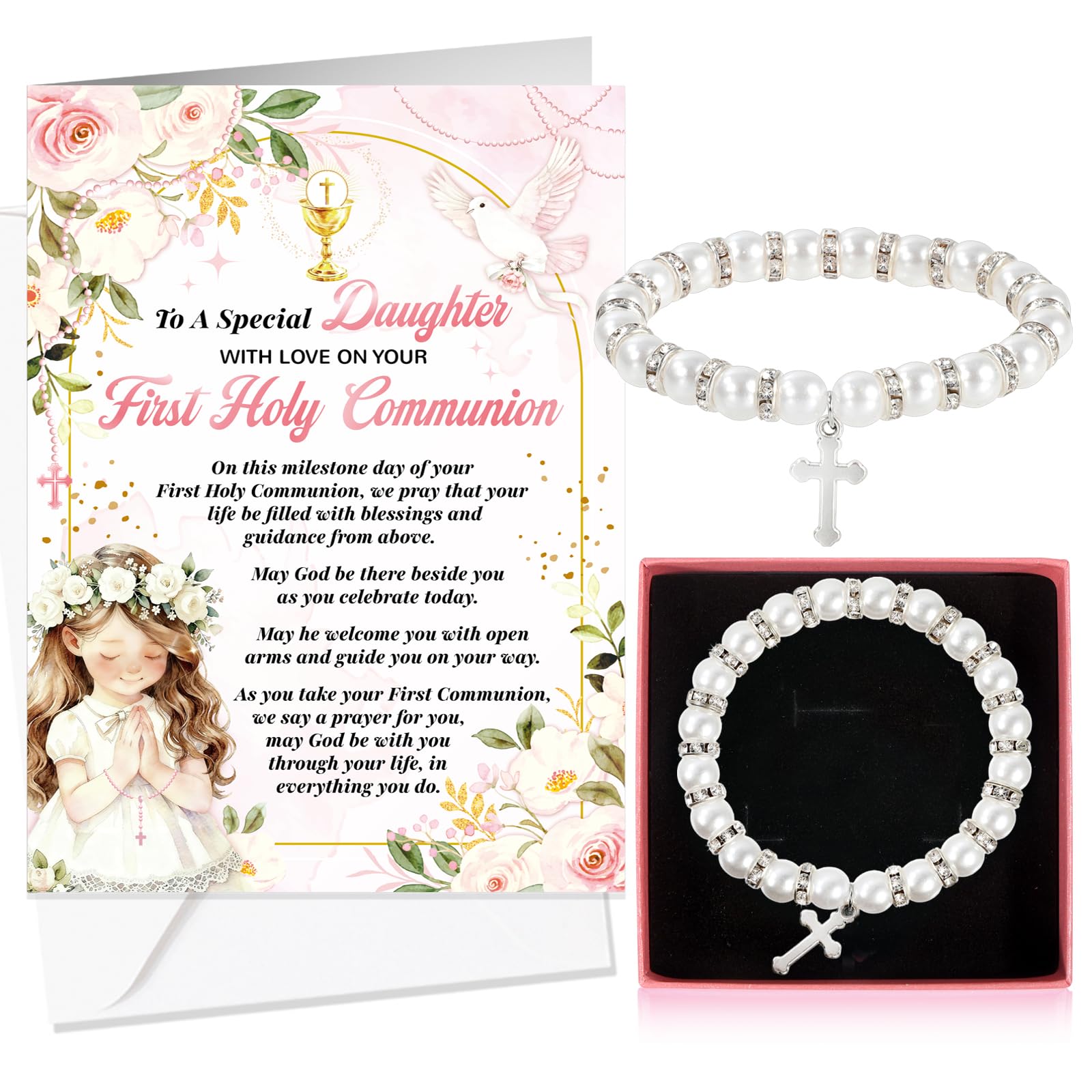 HOWAF First Holy Communion Card for Daughter, Congratulations Card & Pearl Cross Bracelet, Gift Box for 1st Holy Communion Gifts for Daughter