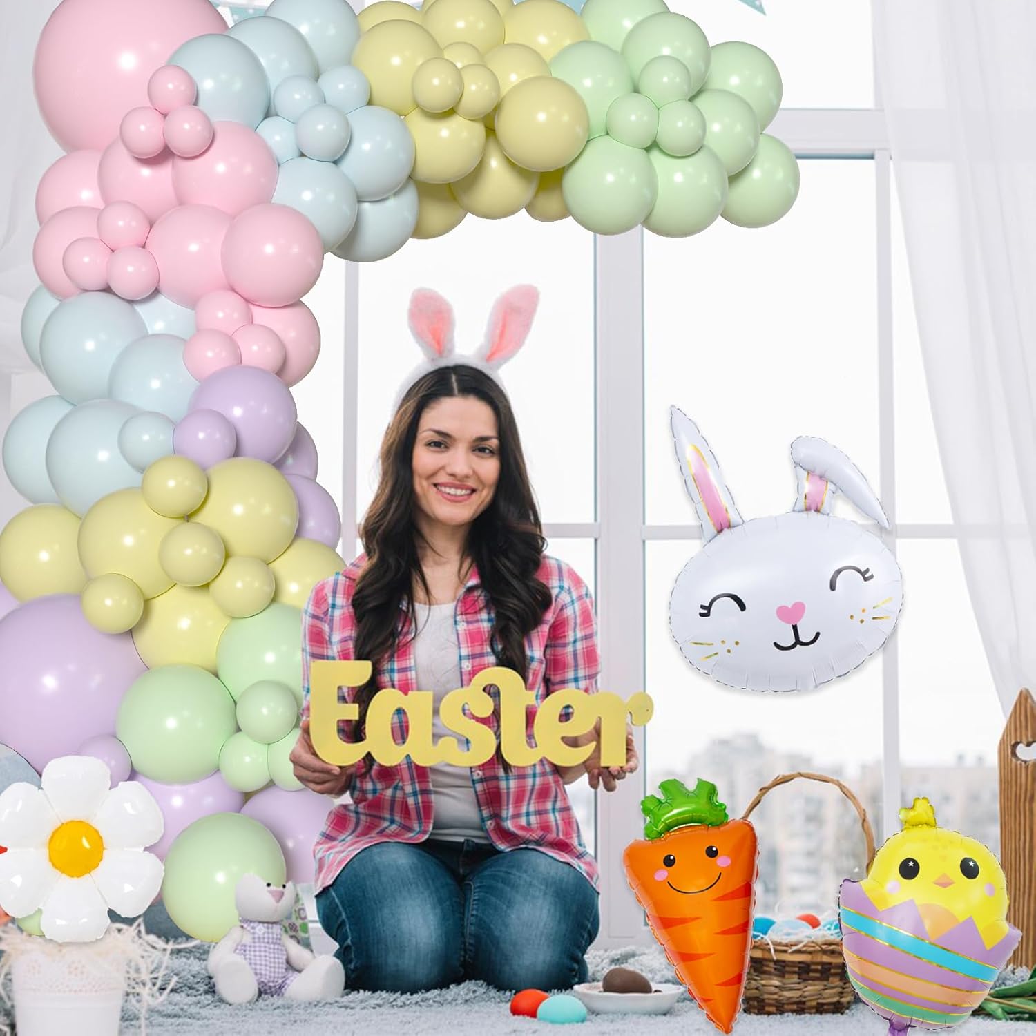 Easter Balloon Arch Kit, Easter Party Decorations With Pastel Balloons, Bunny Carrot Chick Daisy Foil Balloons For Spring Easter Bunny Themed Birthday Baby Shower Party Decorations