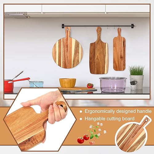 Miniatura 4 de Uiifan 3 Pcs Acacia Wood Cutting Board with Handle Wooden Chopping Charcuterie Board Assorted Size Butcher Block Serving Tray for Cheese Pizza, 16 x