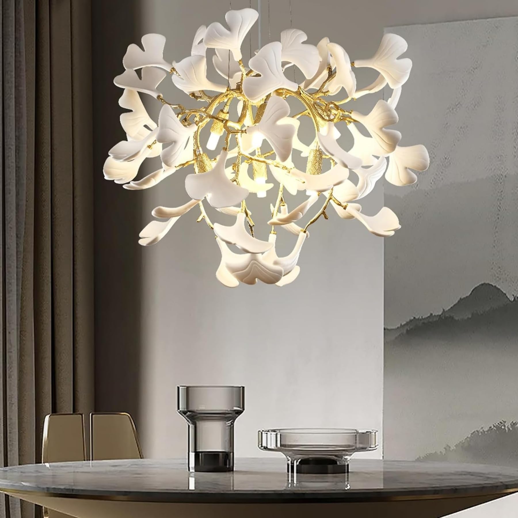 HJCKJSMEOU 32 inch Crystal Chandelier for Dining Room, Round Gold Tree Branches Chandeliers, Top K9 Modern Kitchen,Foyer Entryway,Luxury Adjustable Hanging Chandeliers