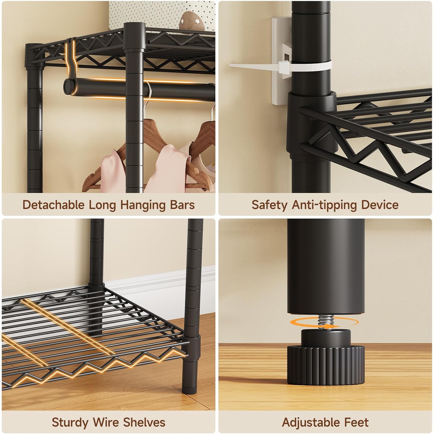 ONBRILL F5 Extra Large Industrial Pipe Clothing Rack, Freestanding Portable Closet Organizer System with Shelves & Hanging Rods, 88.6'' Wide Heavt Duty Clothes Rack, Max Load 1300lbs, Black