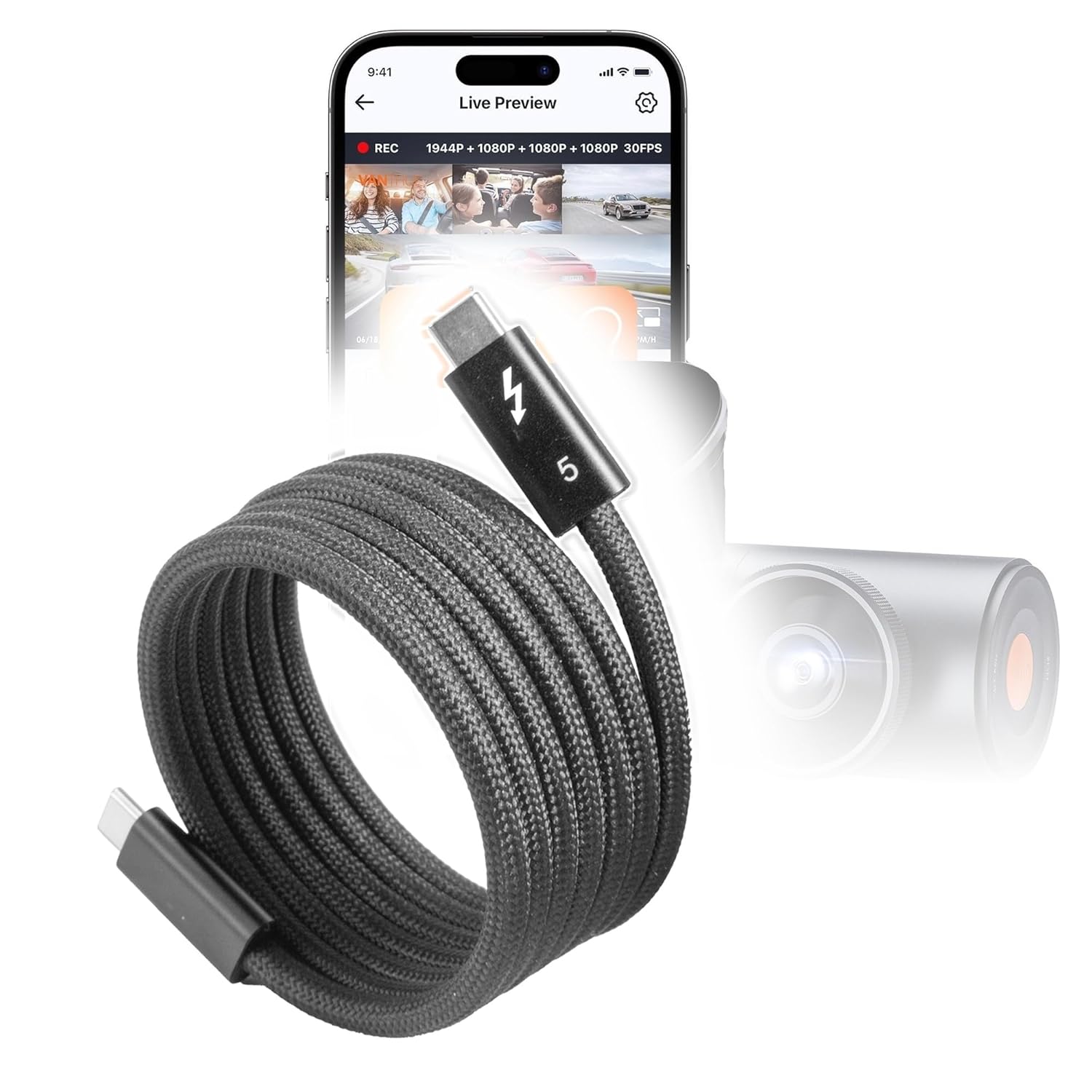 BoxWave Cable Compatible with Vantrue Nexus 5 - SnapWrap Thunderbolt 5.0 Cable (5ft 240W), Magnetic Self-Coiling Nylon Braided Retractable - Jet Black