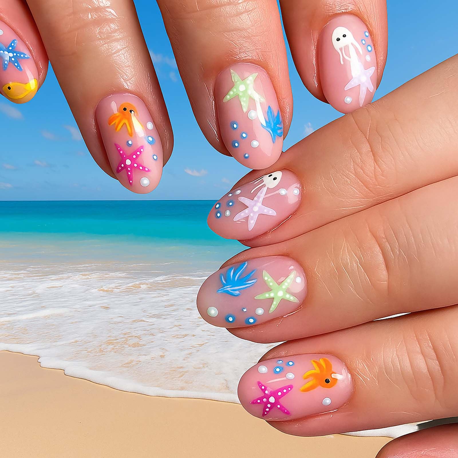 Ocean Starfish Coral Design Press On Nails, 24Pcs Short Glossy False Nails With Unique Marine Patterns