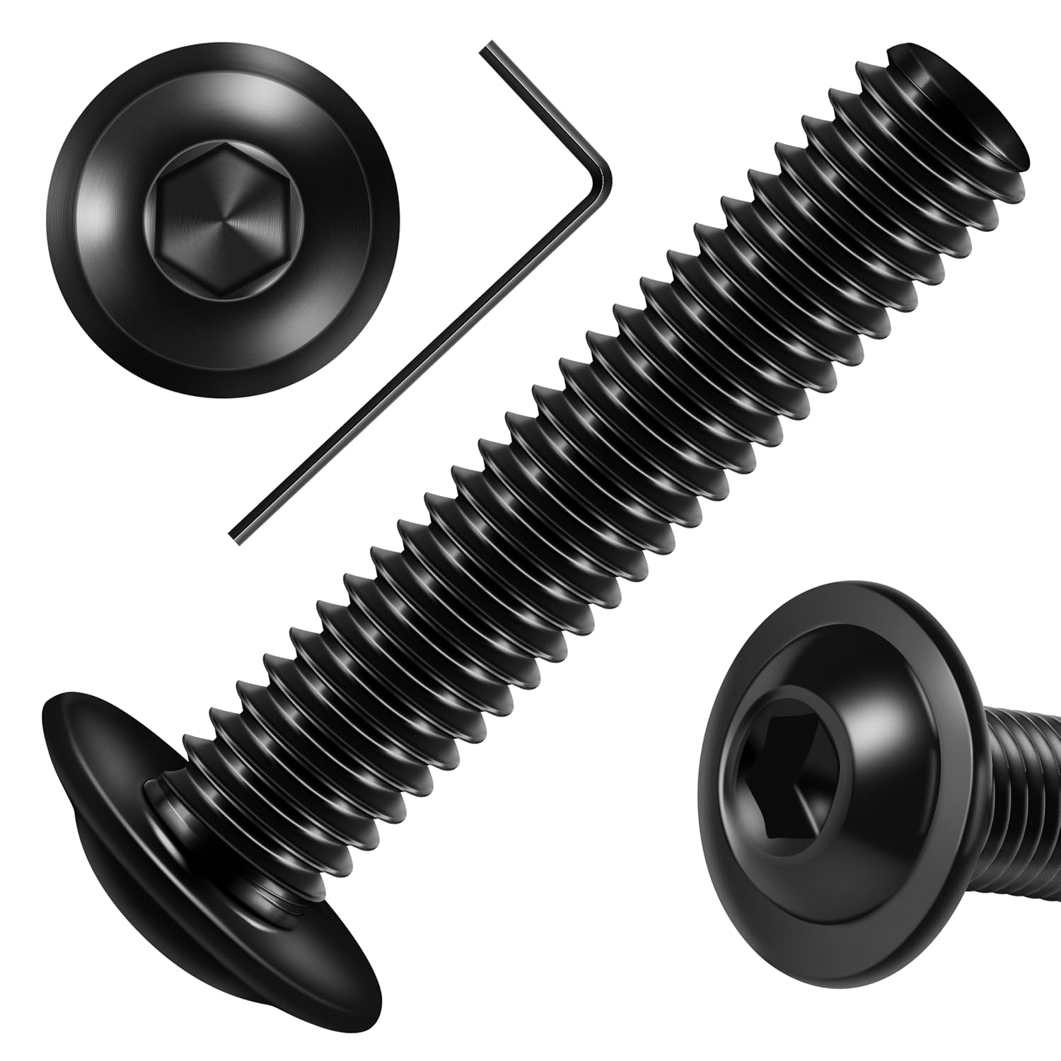 Mywish M8 x 35mm 20Pcs Flange Button Head Hex Socket Cap Screws Bolts, 304 Stainless Steel Furniture M8 x 1.25 Bolts Full Thread, Black Oxide & Hex Spanner