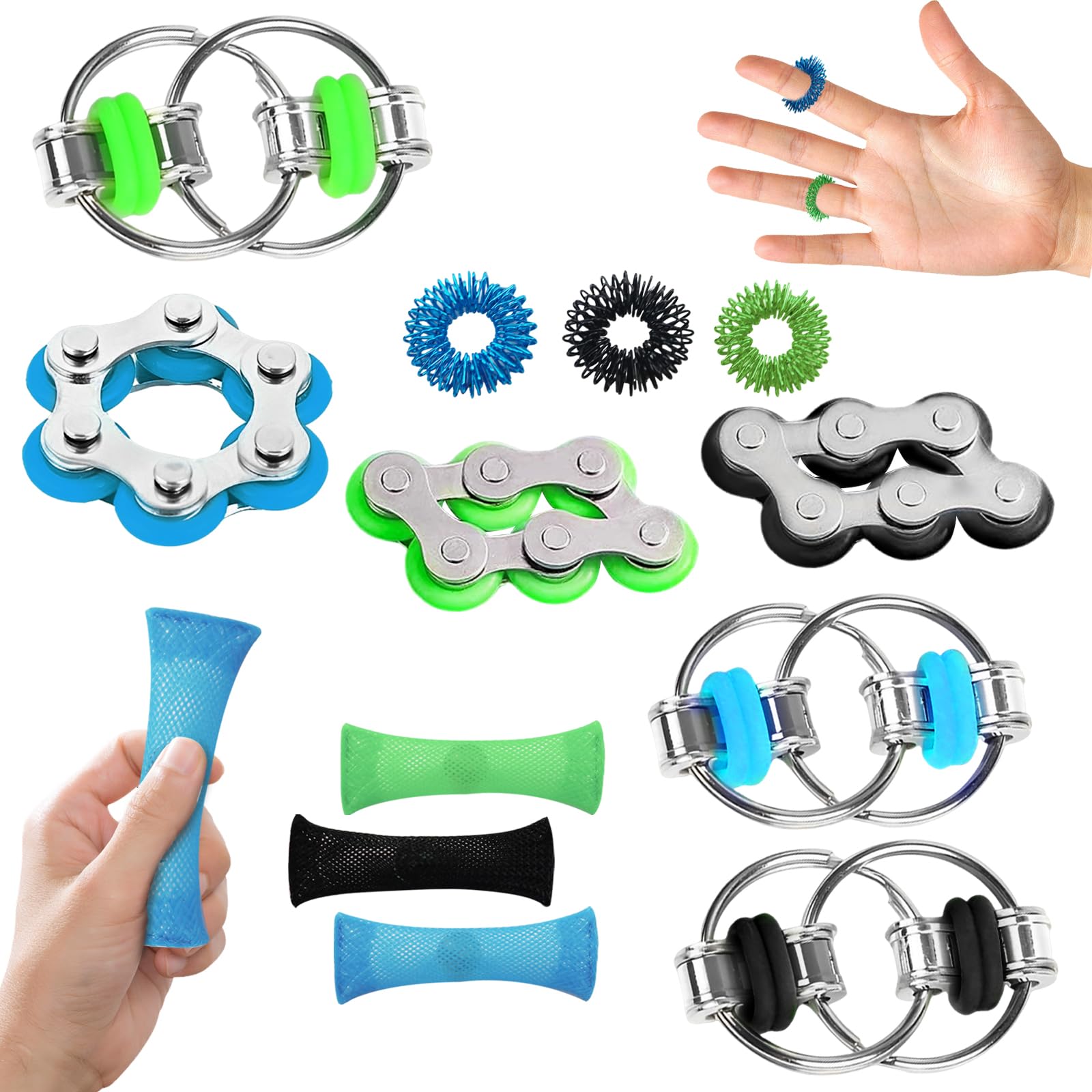 ZITUZY 12 Piece ADHD Toys, Six Roller Chain Infinite Flip Key Ring Acupressure Ring Finger Toys, Fidget Toy Set Anxiety Relief for Kids, Teens and Adults