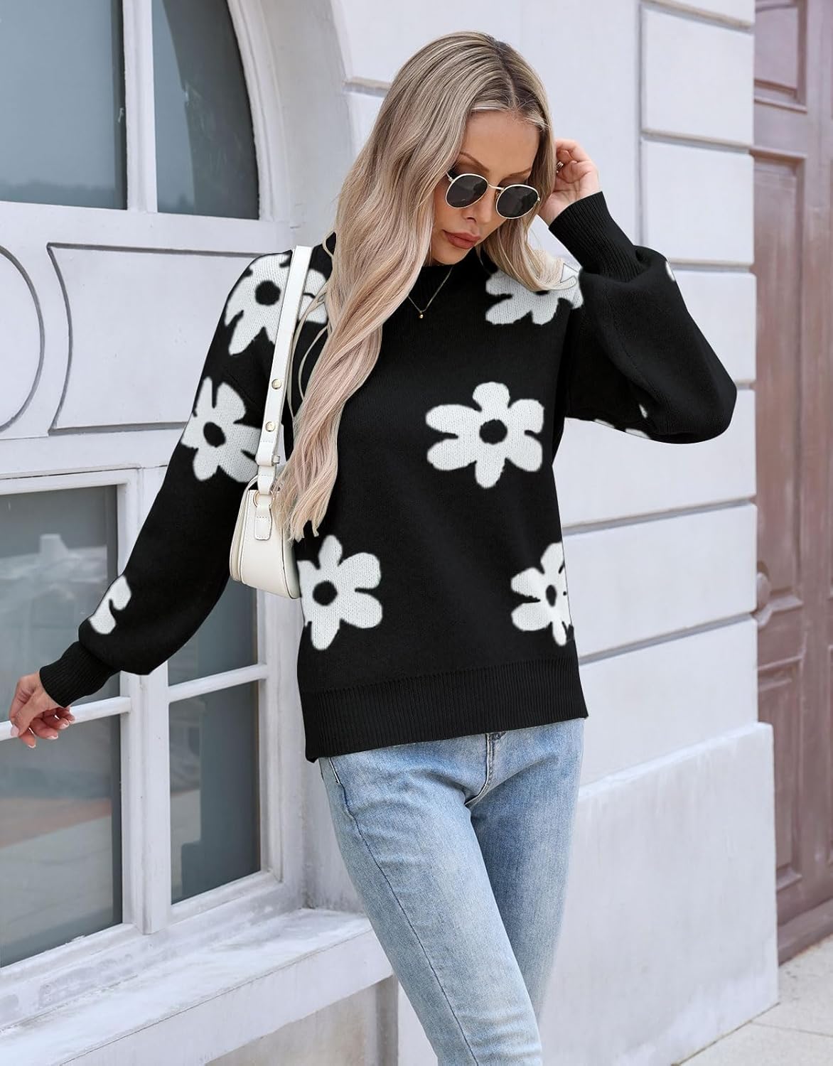Alsol Lamesa Women's Floral Sweaters 2026 Fall Winter Mock Neck Long Sleeve Loose Knit Pullover Sweaters - Image 7