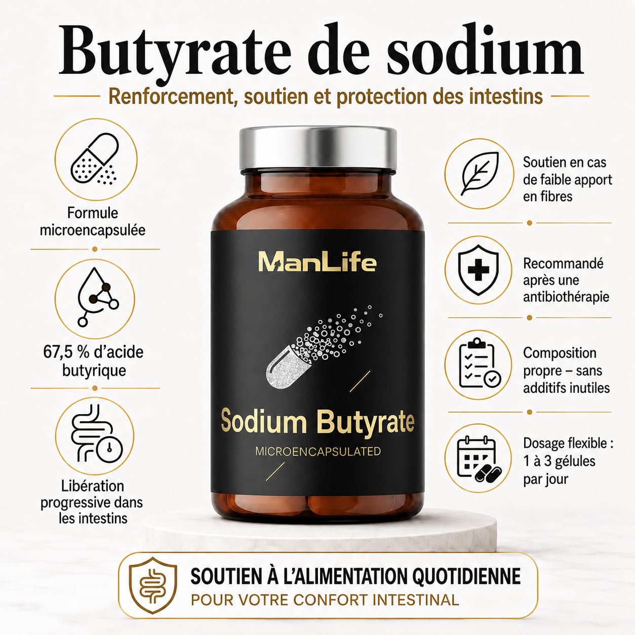 Butyrate de sodium 1500 mg microencapsulé, acide butyrique pour flore intestinale & microbiote | 90 gélules véganes | Sodium Butyrate – ManLife