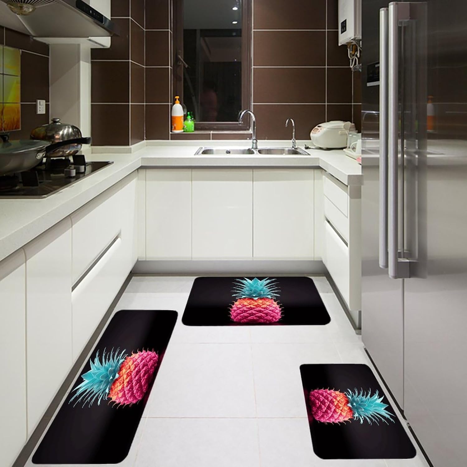 Colored Pineapple Kitchen Rugs Sets of 3 Washable Non Slip Kitchen Rug Water Resistant Carpet Piece Anti Fatigue Kitchen Mats Soft Comfort Standing Mat Modern Area Rug