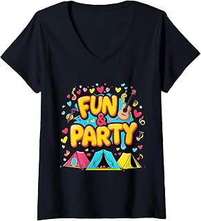 Womens Fun and Party Vibes with Music and Camping Tents Festival V-Neck T-Shirt