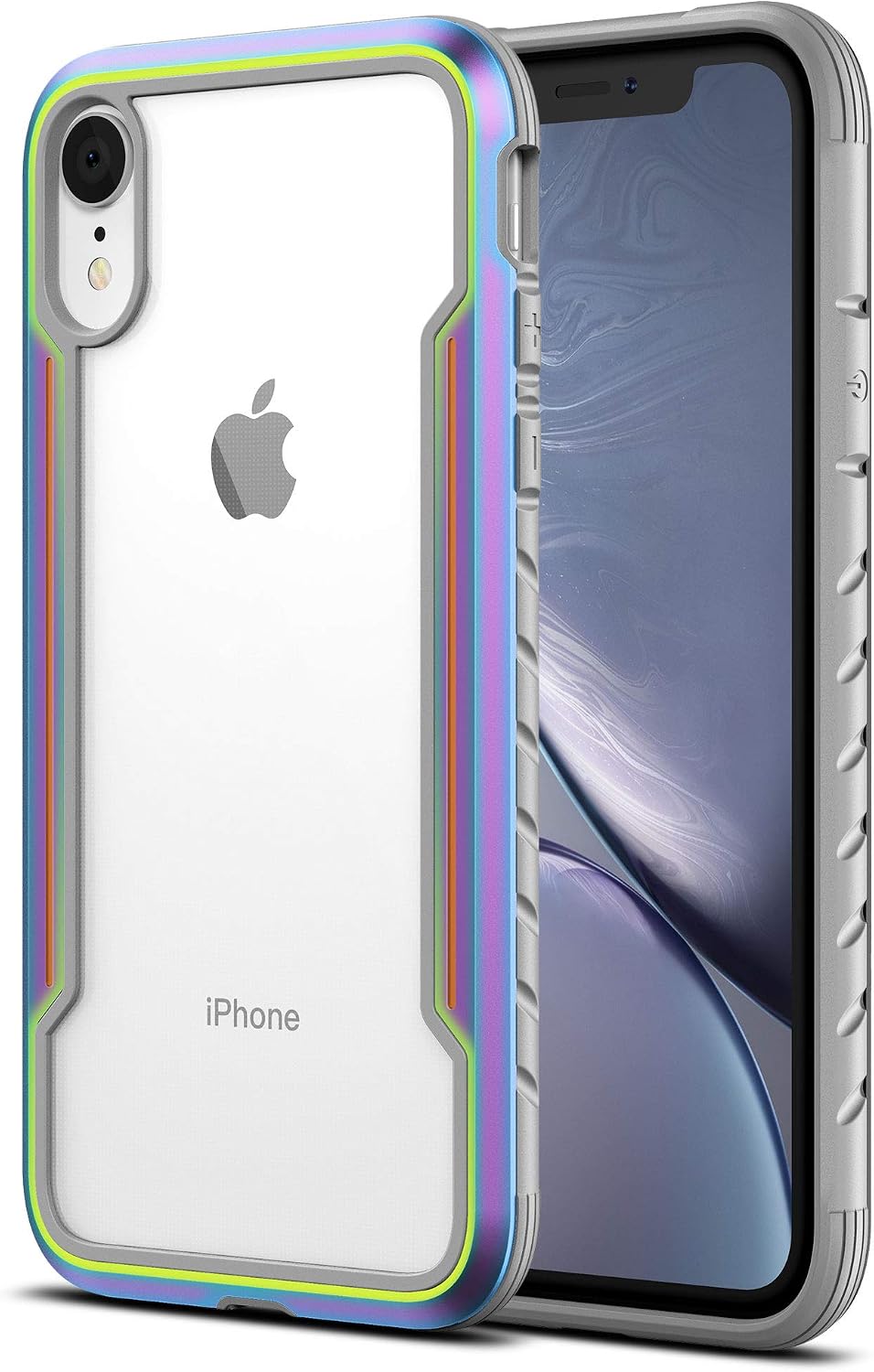 MRYUESG iPhone XR Case Clear 6.1, iPhone XR Phone Case Thin With Silicone Durable Soft Bumper, Transparent Hard Back, Aluminum Design, Heavy Duty Shockproof Protective Cover for Men (Iridescent+ Grey)