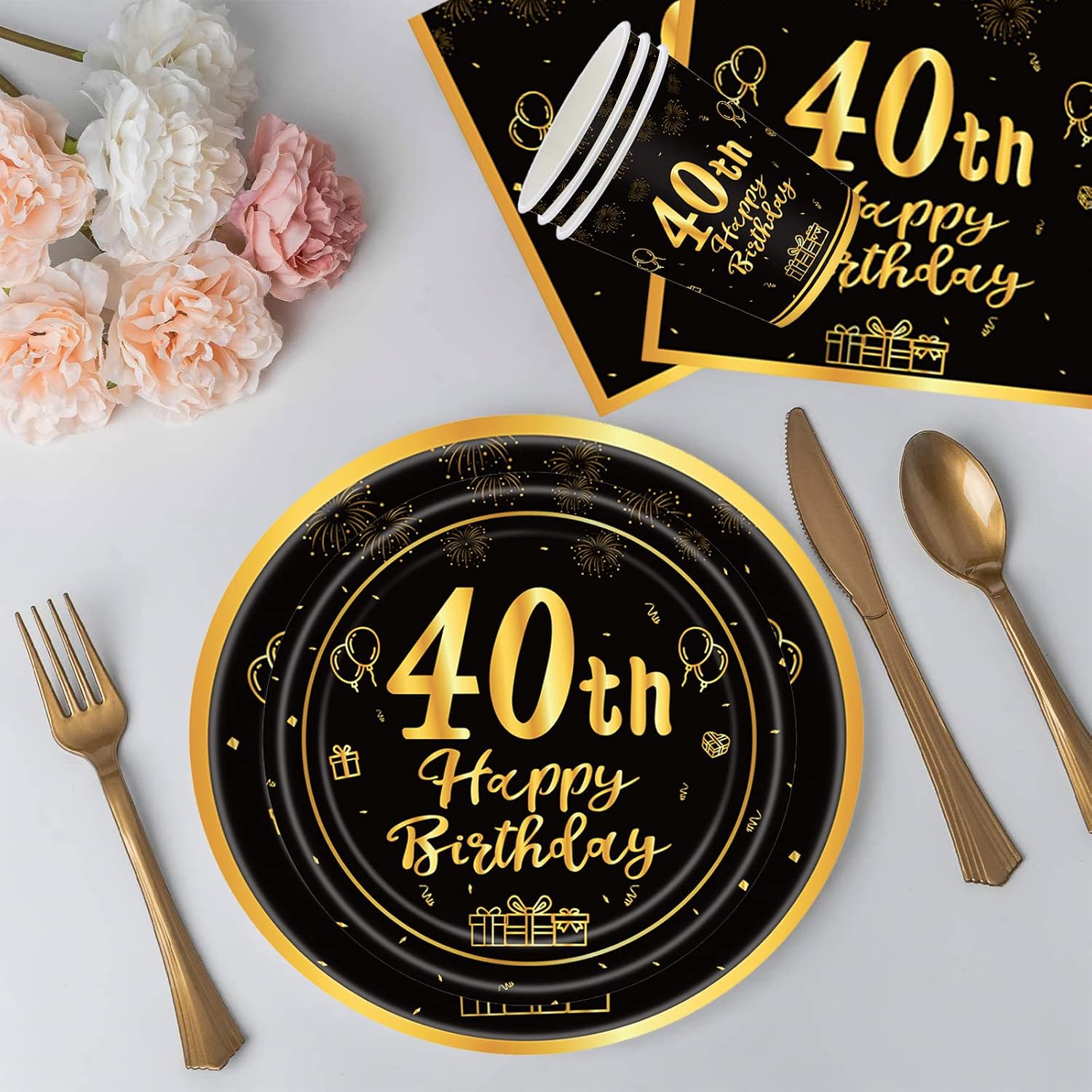 POPOYU 20pcs Black and Gold Napkins 40th, Happy Birthday Disposable Tableware Paper Napkins - Image 5