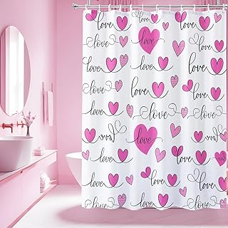 Valentines Pink Shower Curtains for Bathroom, Heart Love Valentines Bathroom Decor Curtains with 12 Hooks, 72x72 inches