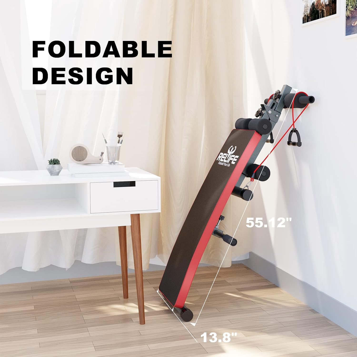 Sit Up Bench for abs Incline with Resistant Bands Foldable Slant Bench for Ab Exercises Decline Curved Ab Bench with 5 Adjustable Height for Strength Training Workout, New Version