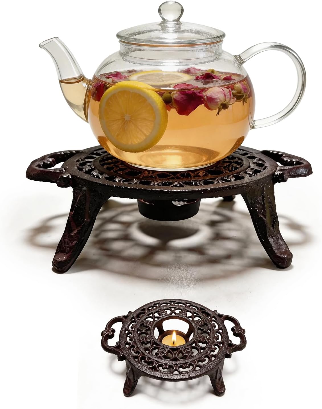 Cast Iron Teapot Warmer, Round Tea Warmer with Double Eared Design & Tealight Holder, Heavy Duty Trivet for Heating Tea Coffee Milk, Vintage Rustic Decorative Stand for Teapots Cups Dishes