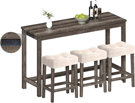 FAGAGA 4-Piece Dining Table Set for 3, Table with Fast Charge Station, 60" Large Table and Chairs Set, Table with 3 Ergonomic Chairs, Office Desk for Small Spaces, Home Kitchen Furniture, Brown