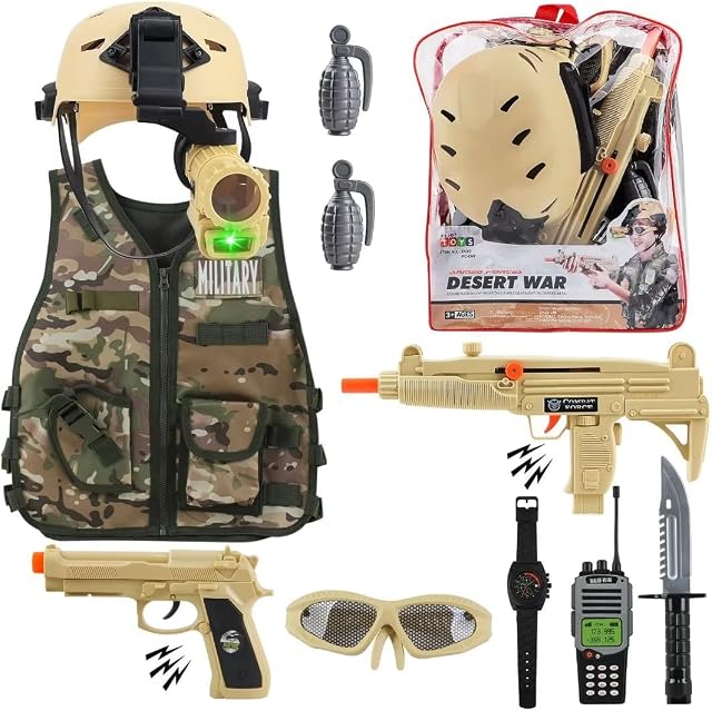 deAO Military Soldier Camouflage Desert War Costume Set with Helmet, Toy Shotgun, Toy Grenades, Military Soldier Accessories and Storage Backpack - Great for Kids