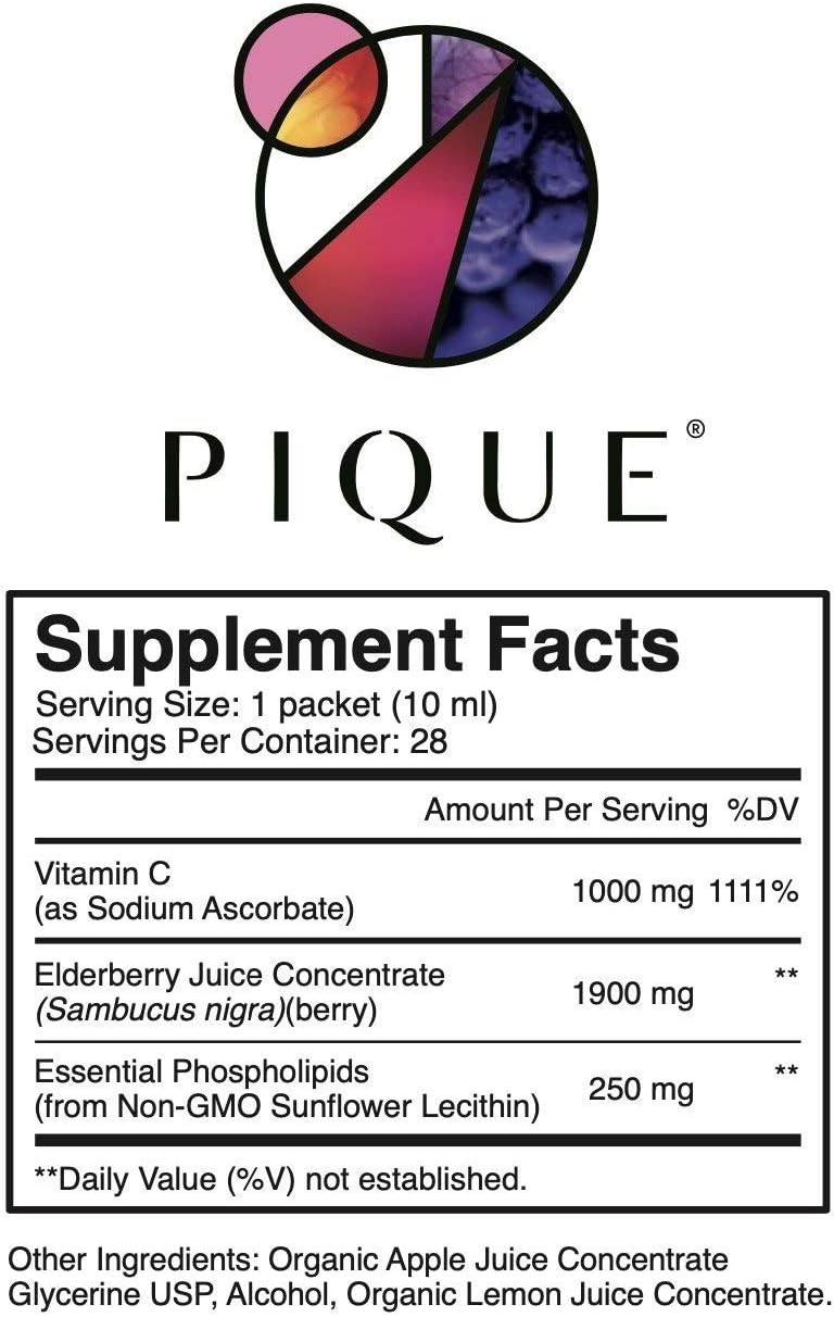 PIQUE Daily Radiance Liposomal Vitamin C for Immune Support - 1,000 mg Vitamin C & 1,900 mg Elderberry per Packet, Powerful Antioxidants for Healthy Collagen Production - 28 Packets (10mL Each)