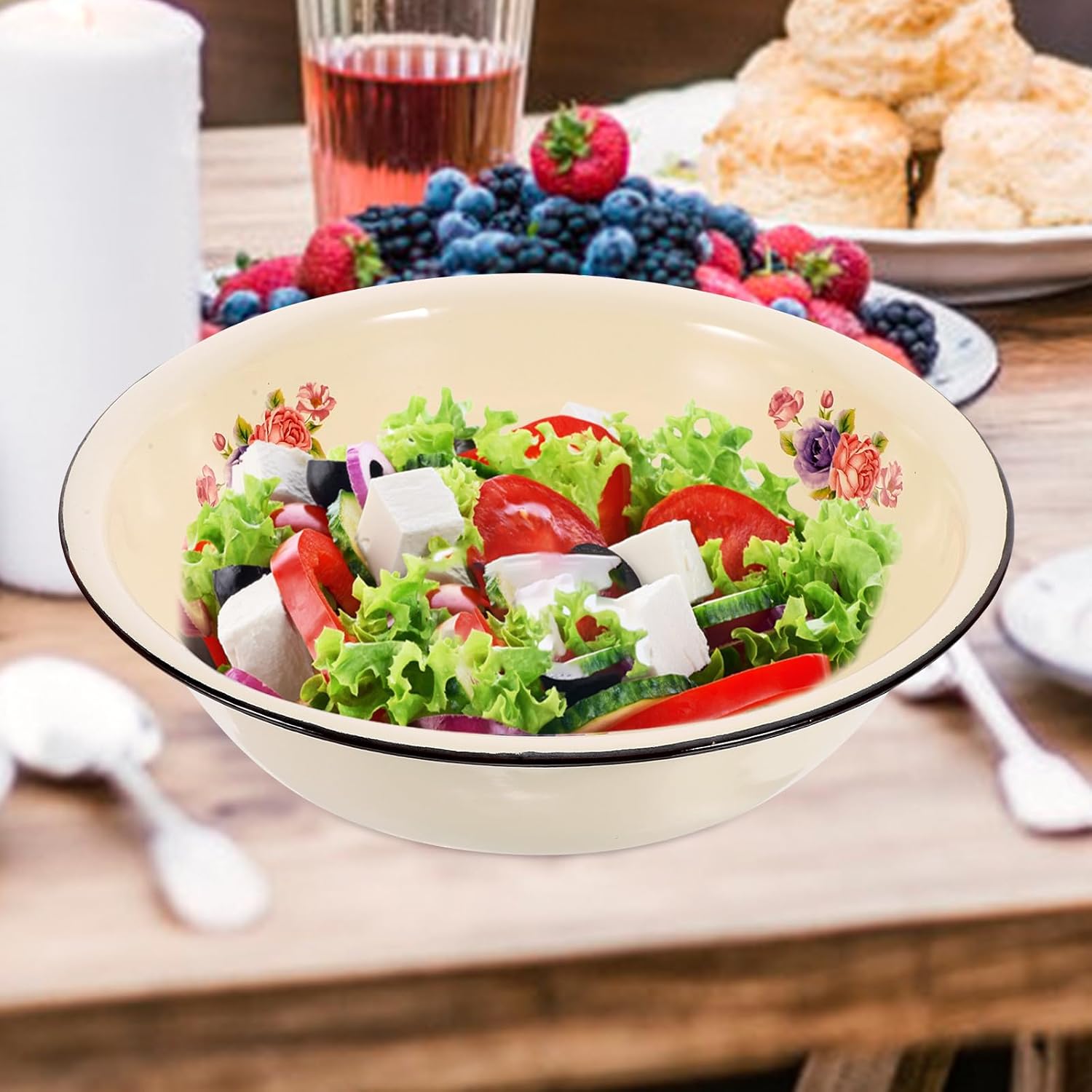 Retro Enameled Mixing Bowl 28cm Diameter Food-grade Enamel Basin Household Face Washing Container Vintage Style for Kitchen and Baking Random Style