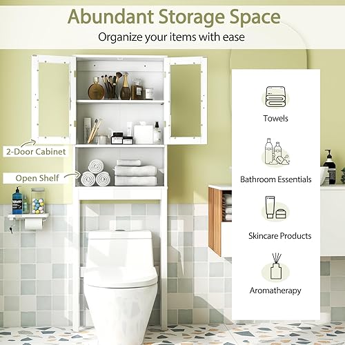 Miniatura 4 de Safeplus Armario sobre el inodoro, organizador de almacenamiento de baño con puertas de vidrio templado dobles y estante ajustable, estante de