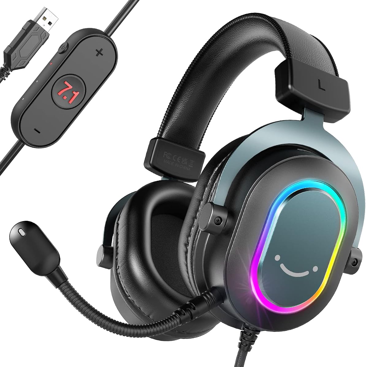 AmpliGame H6 Wired USB Gaming Headset with Dynamic RGB, 3 EQ Modes | 50mm drivers, Pinpoint 7.1 Surround, Durable Protain Leather, Detachable Mic, USB Control Box, Compatible with PC, PS4/5, Mac