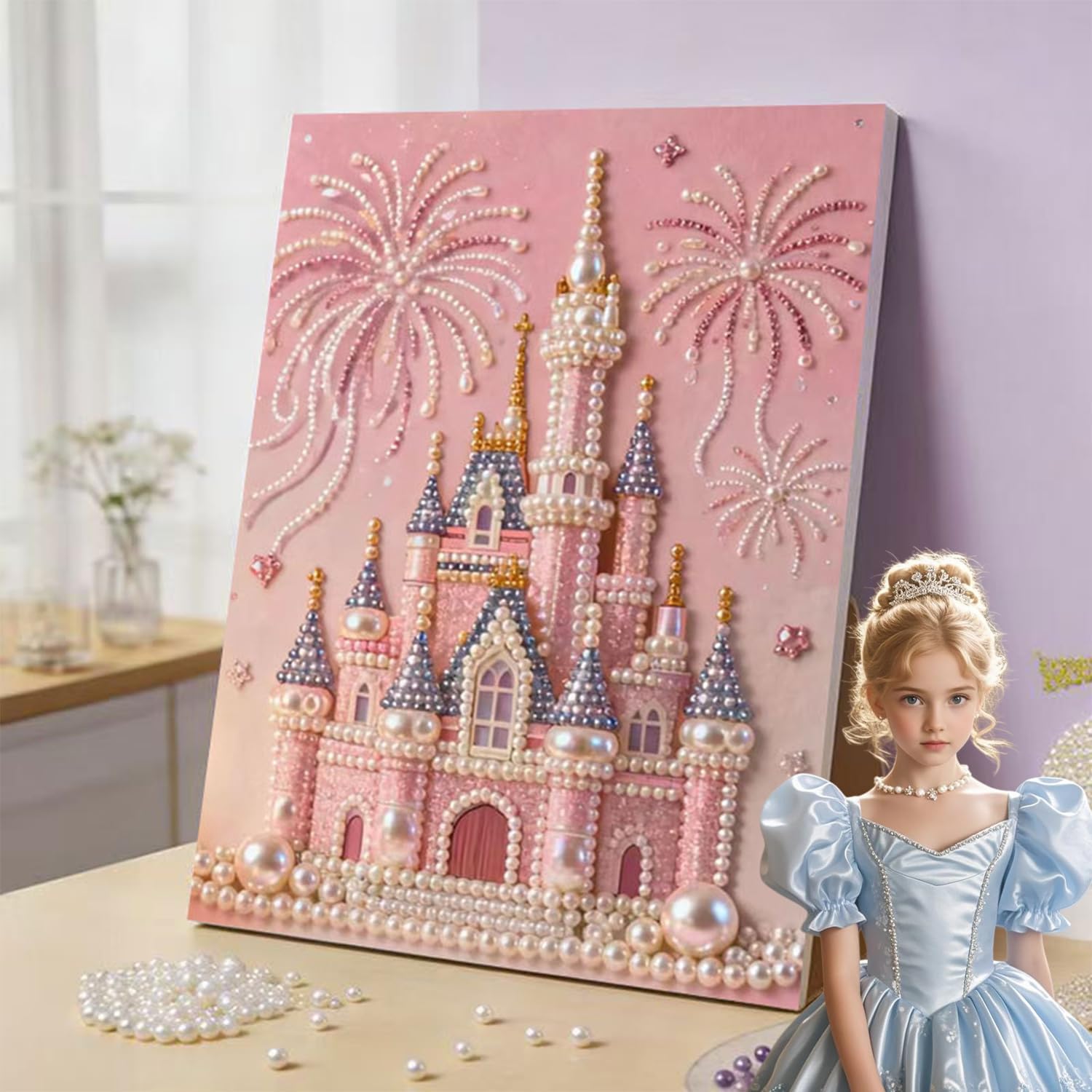 2026 New DIY 3D Castle Pearl Painting Kit,Castle Design with Fireworks,Iamond Dots Beads Canvas Arts for Wall Decor,Plastic Pearl Art Craft for Adults and Beginners (a Set)