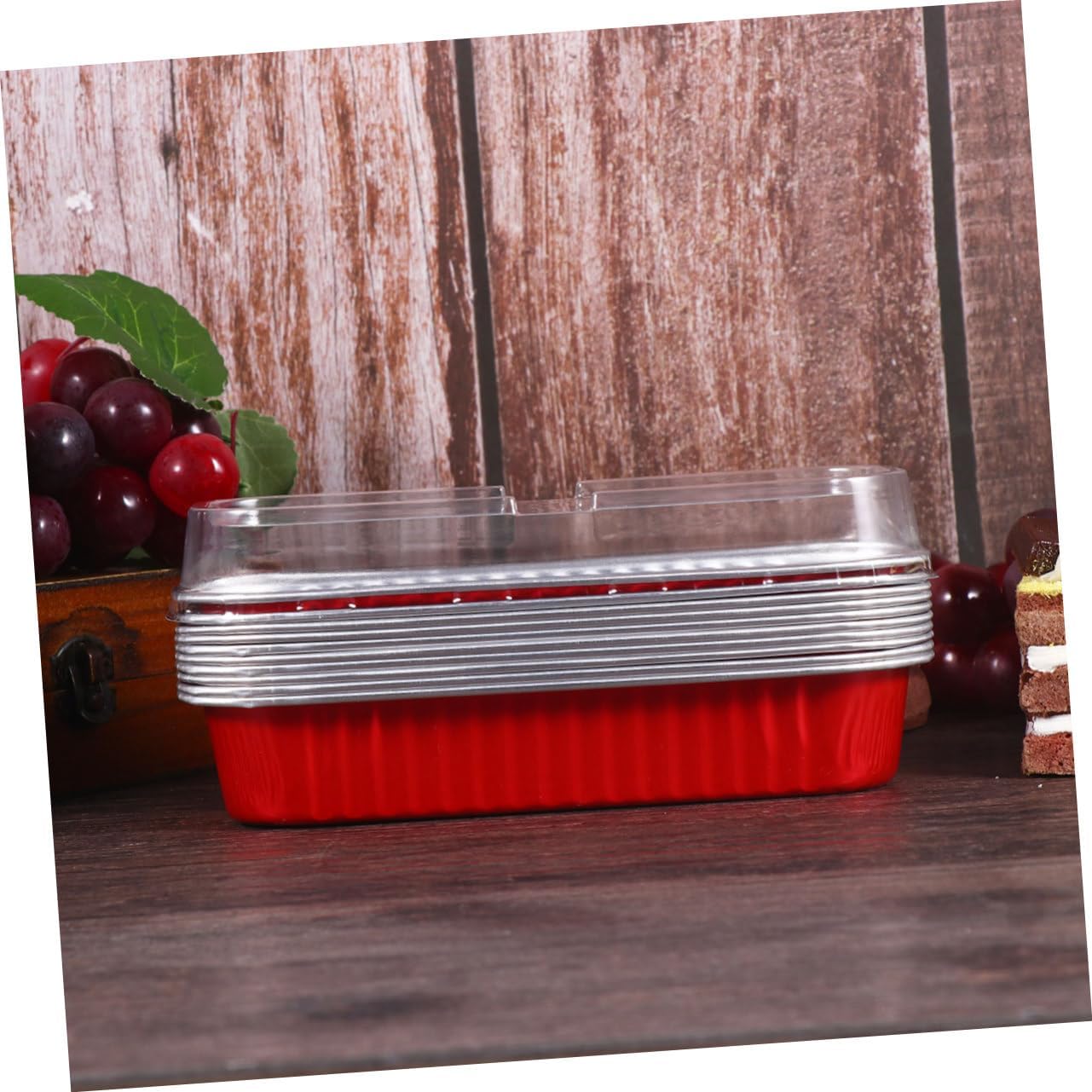 10pcs Disposable Aluminum Foil Baking Boxes Rectangular Bakeware for Cupcakes Muffins Desserts Food Safe Oven Freezer Safe Festive Red