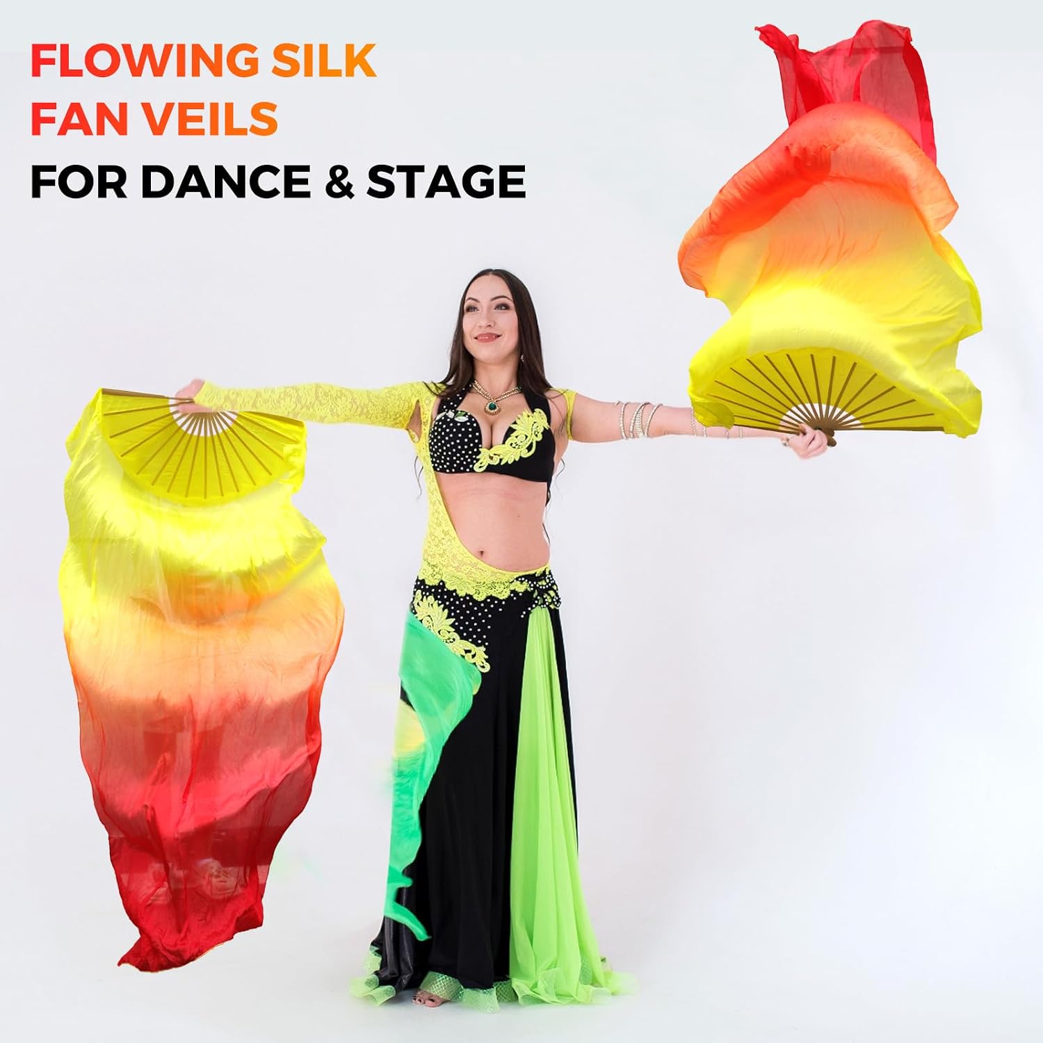 Real Silk Belly Dance Fan Veils for Women – Handmade Bamboo, 180cm Length, 90cm Width, Lightweight Flowing, for Stage