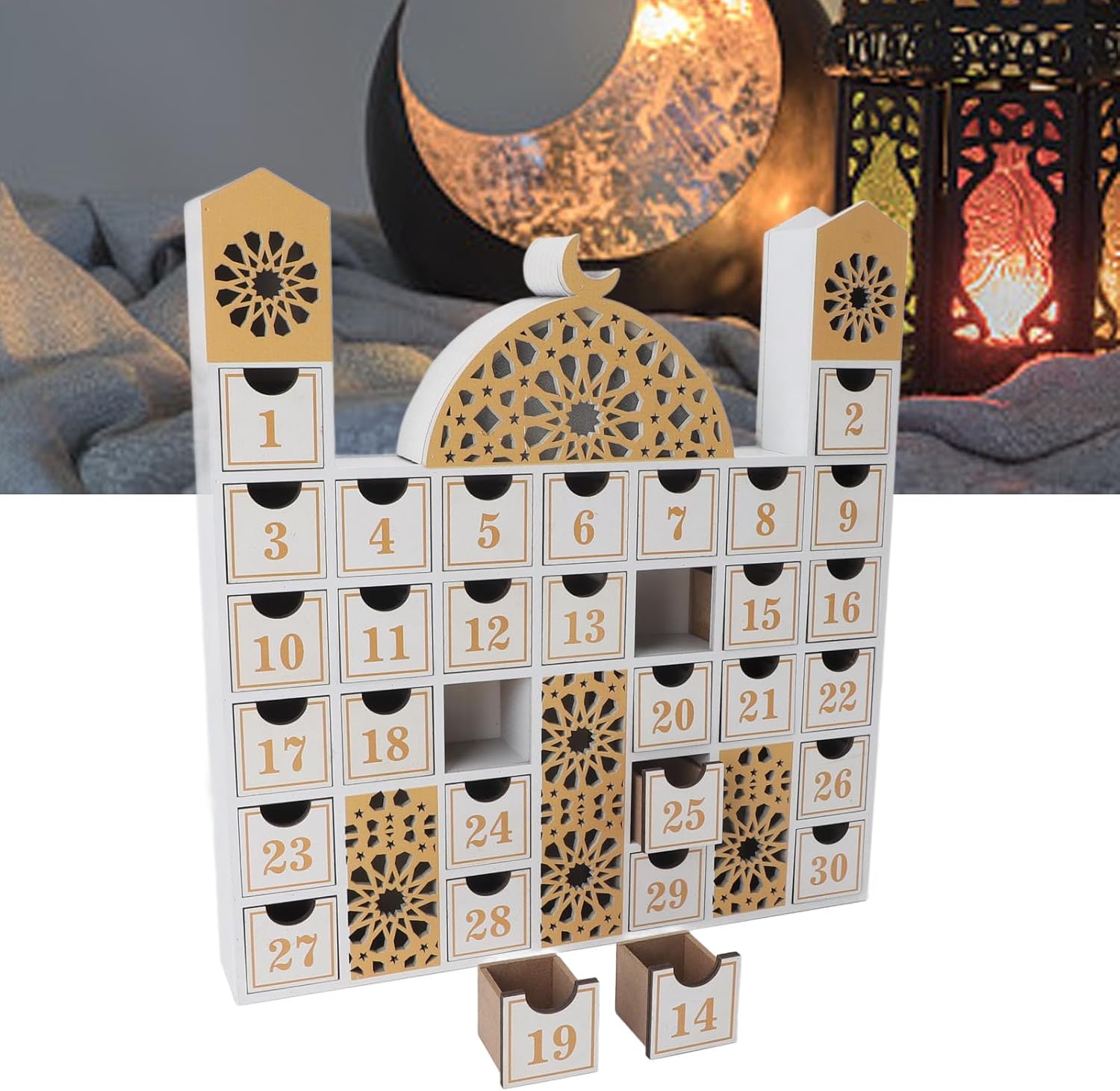 Ramadan Countdown Calendar, Mosque Shape Wooden Advent Calendar with LED Light Ramadan Crafts for Home Wall Decoration
