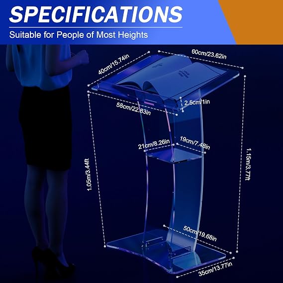 Acrylic Podium Stand, Slanted Podium Lectern Conference with Storage Shelf, Pulpit Clear Podium for Lectern Classroom, 13.8L X 19.7W X 45.3H
