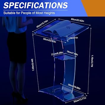Acrylic Podium Stand, Slanted Podium Lectern Conference with Storage Shelf, Pulpit Clear Podium for Lectern Classroom, 13.8L X 19.7W X 45.3H