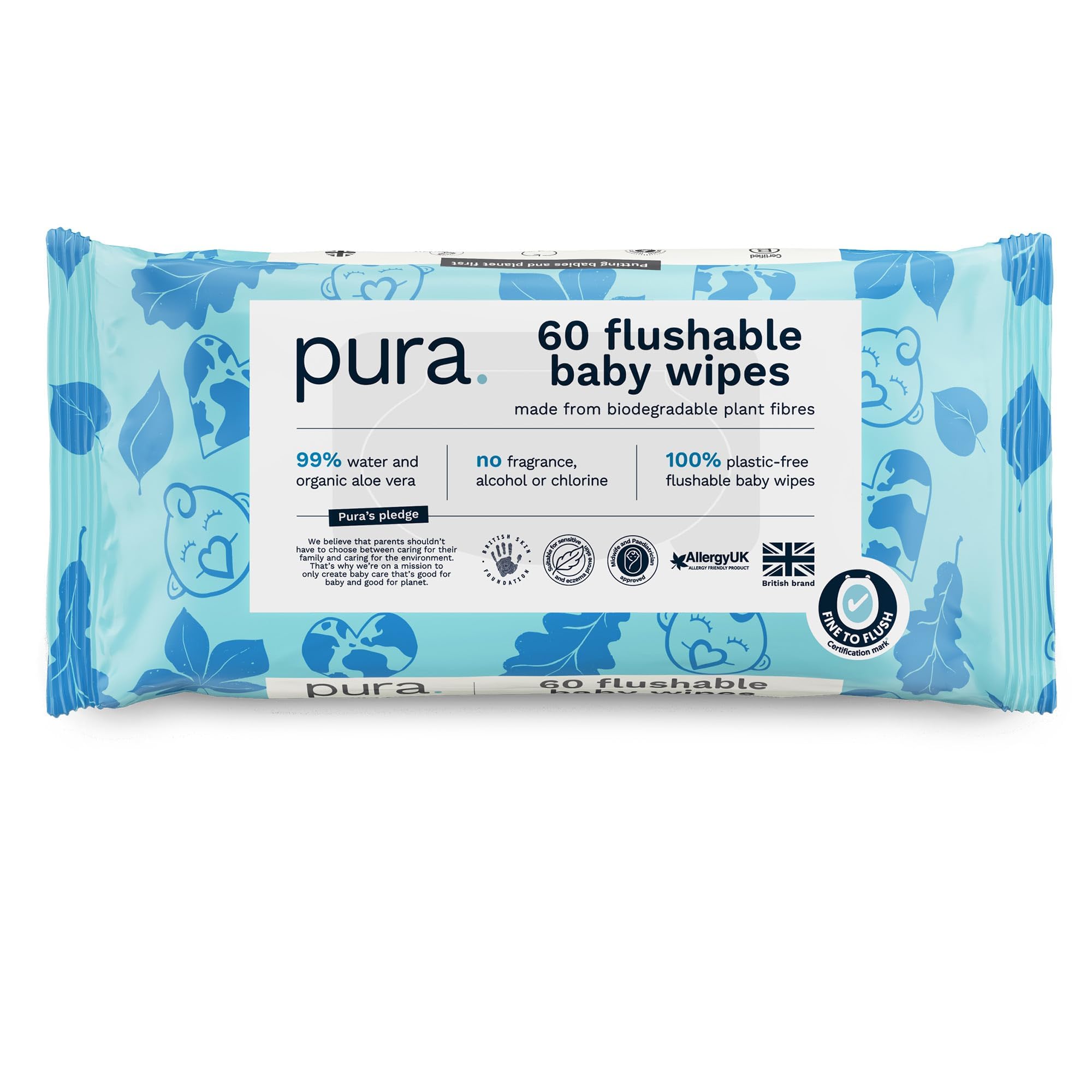 Pura Spülbare Öko-Baby-Feuchttücher für Empfindliche Babyhaut, 70 Tücher (1 Packung), 99% Wasser, 100% Plastikfrei, für Sensible, zu Ekzemen neigende Haut, Neugeborene, Biologisch Abbaubar, Vegan