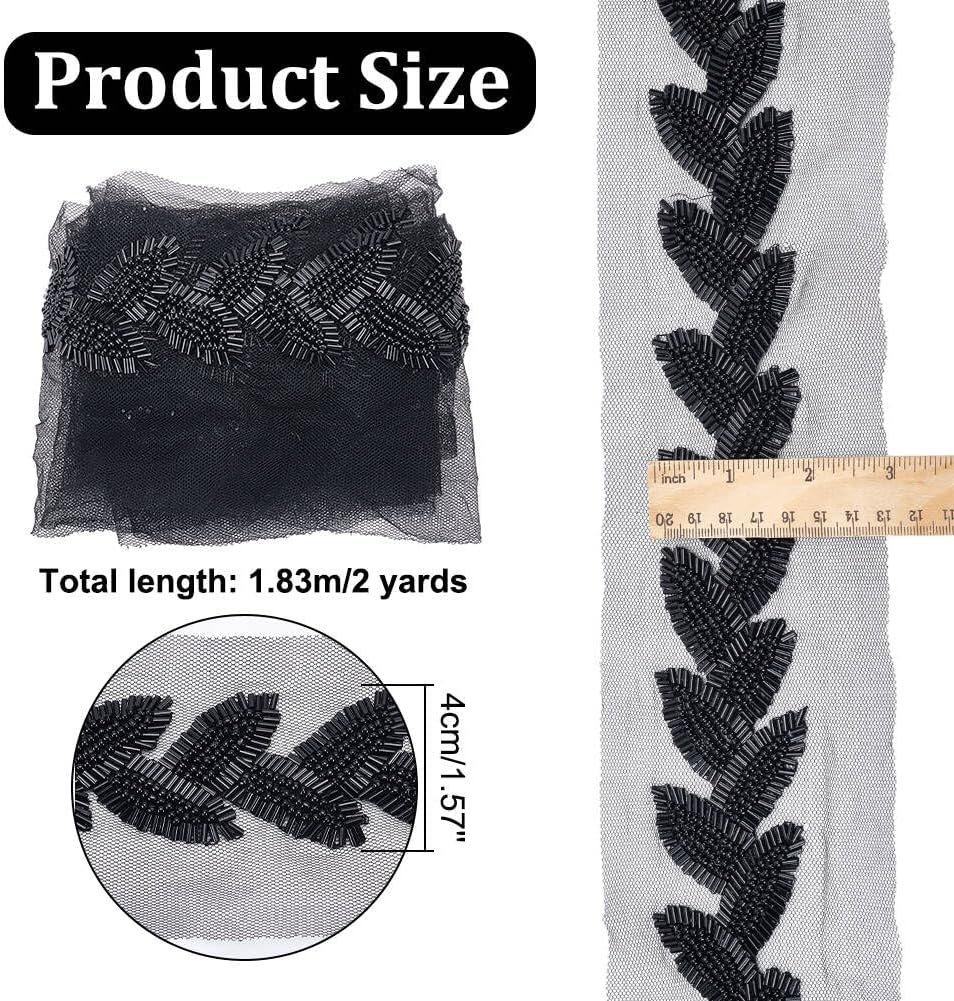 PH PandaHall 2 Yards Beaded Lace Trim Black Beaded Leaf Applique Ribbon, 40mm Lace Mesh Ribbon Glass Bead Trim for Clothing Sewing Crafts Curtain Dance Skirt Decoration Accessories