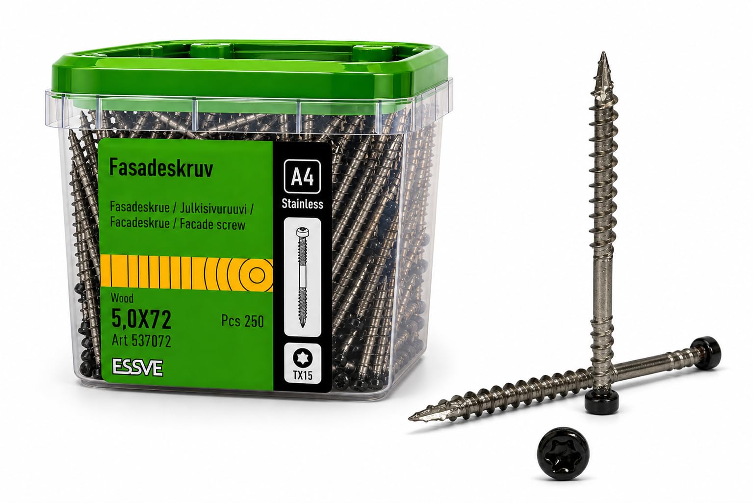 ESSVE Tornillos de fachada 5,0 x 72 mm A4 de acero inoxidable TX15 con punta de perforación, cabeza cilíndrica, RAL7016 – 250 unidades, acero inoxidable C5, para revestimiento de madera exterior
