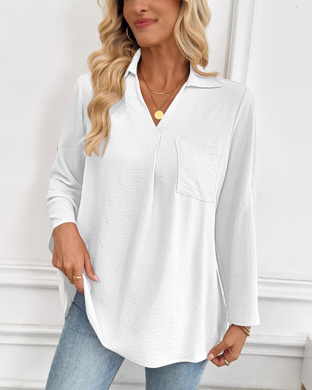 Bsubseach Women Dressy Casual Blouse Long Sleeve Work Shirts Wrap Belted V Neck Business Tops - Image 4