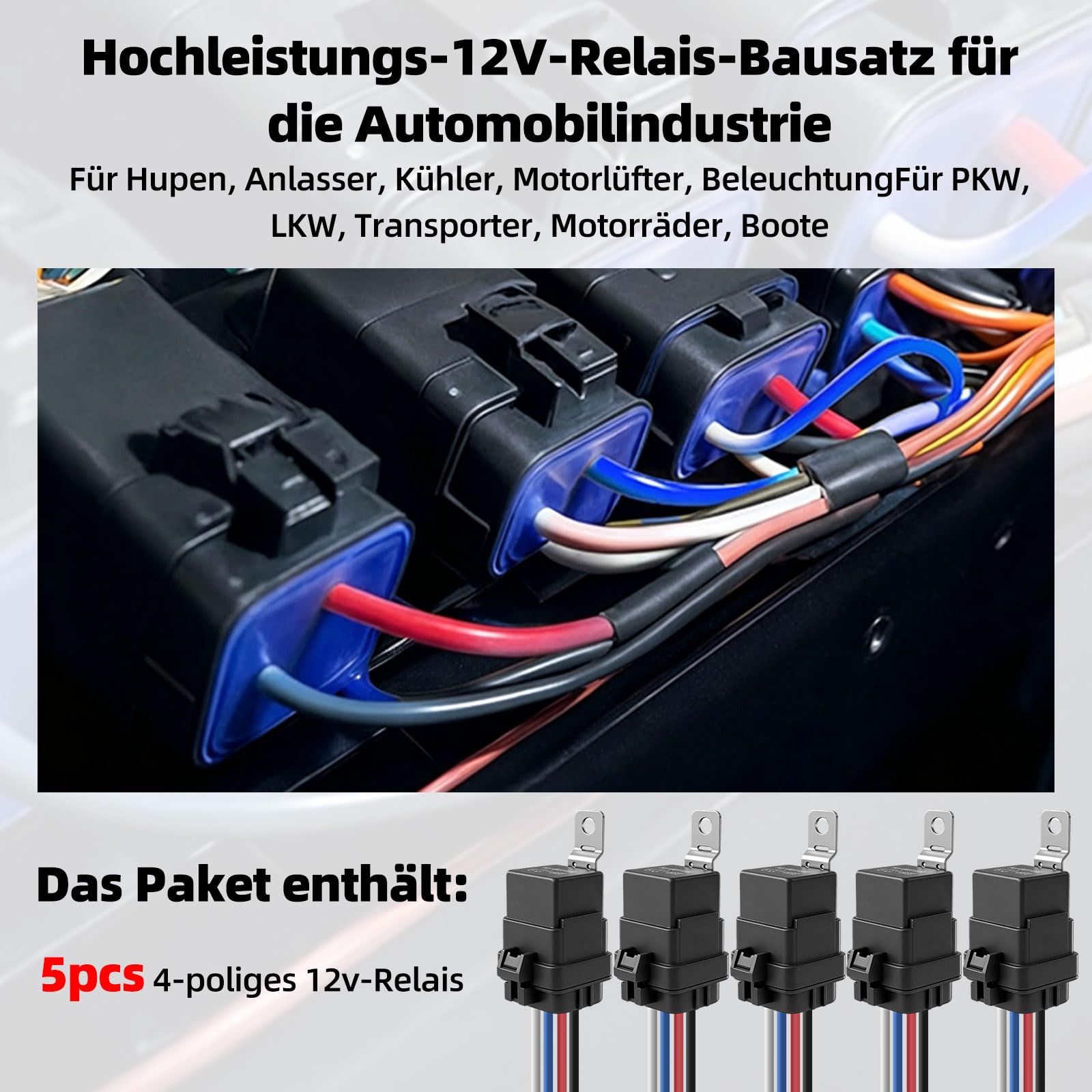 5 Stück 4-polige Relais 12V 40/30A | Kfz-Relais IP65 | Relay Mit Kabelbaum | 12AWG Hochbelastbare Verzinnte Kupferdrähte | SPST-Kfz-Relais-Set für Hupen Anlasser Kühlerlüfter