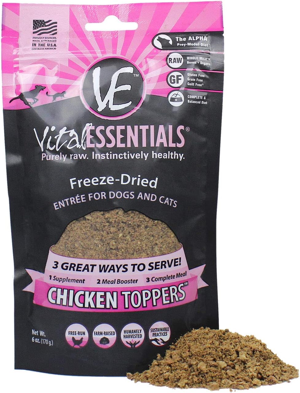 Vital Essentials Freeze-Dried Grain-Free Chicken Toppers for Dogs or Cats, 6 oz.