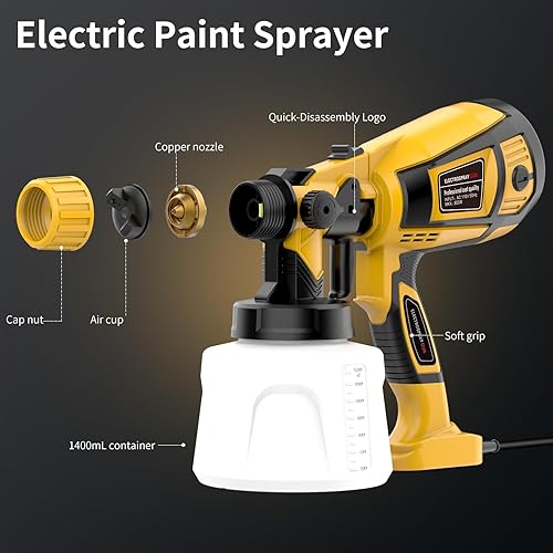 Miniatura 4 de Pulverizador de pintura de 800 W, pistola pulverizadora HVLP de 32000 RPM con contenedor de alta capacidad de 47.3 fl oz, 5 boquillas y 3 patrones,